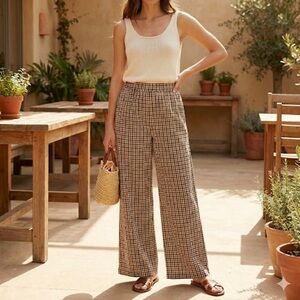 NWT LA Relaxed 100% GOTS Organic Cotton Brown Check Cabin Style Pants - XS (S)